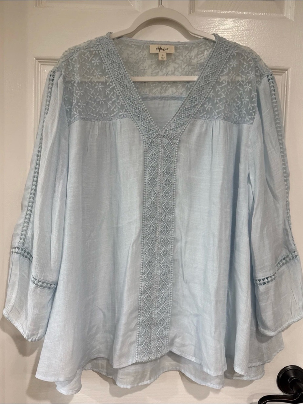 Style & Co Women's XL Layered Boho Peasant Blouse Lace Accent Blue